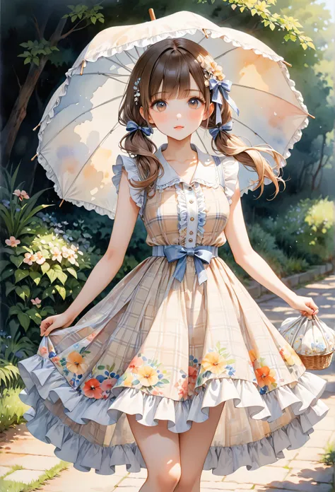   one girl、 watercolor、art、 ribbon hair ornament 　 twin tails　Beige check pattern dress　 frill shirt 、 holding a parasol 