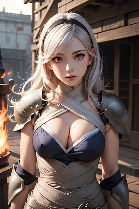 1girl, long silver hair, beautiful detailed eyes, beautiful detailed lips, medium breasts, cleavage, looking at viewer, outdoor scenery, armored warrior, red glowing eyes, clothing cutout, highly detailed, 8k, photorealistic, masterpiece, fantasy, concept ...