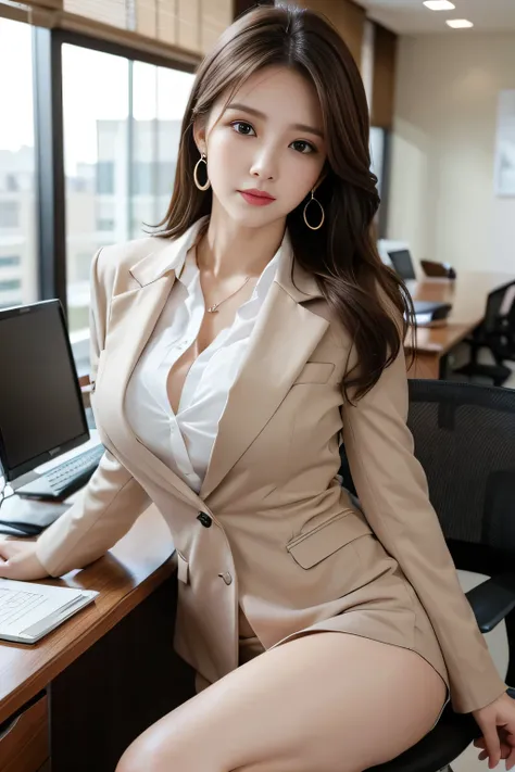 masterpiece、 best quality 、 real 、 very detailed on trends、 with finer details、High Resolution、8k wallpaper、1 beautiful woman、At the office、 Light Brown Disheveled Hair、 perfect dynamic configuration、 beautiful beautiful eyes、 Big Earrings 、 sitting on a c...