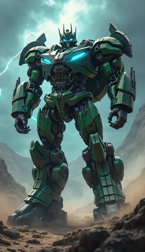 A powerful hybrid warrior stands atop a rugged mountain, merging the mechanical might of a Transformers Prime bot with the agile ferocity of a Ninja Turtle. His towering body is that of a sleek, battle-worn Transformer, constructed from advanced Cybertroni...