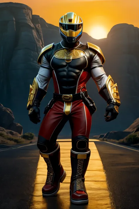 a guy wearing a costume similar to that of a power ranger, but black with some gold details next to the visor. Who has a unique designer, with a dark orb in the middle of the forehead, on the chest plus gold details, a golden island that goes from the foot...