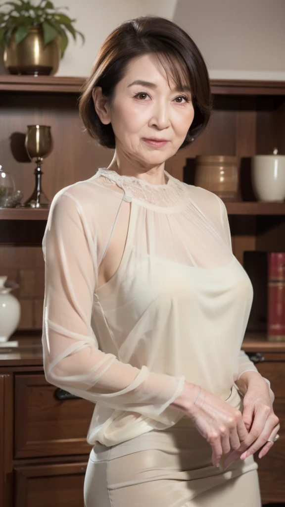   high definition,   high definition,    Attention to Details  ,  masterpiece,    anatomically accurate ,  sharp, (( Japanese,Mature Woman)),(80 years old:1.5),(old woman:1.6),(( facial wrinkles)), Long light brown hair , bangs,(((stand up,))),View photogr...