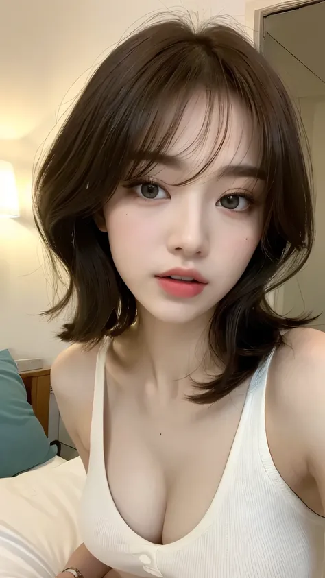 (( Real Lighting ,  Best Quality, 【8k,  Masterpiece:1.3)), Sharp focus :1.2,  1girl ,   Beautiful Woman with Perfect Body:1.4, slim abs:1.1, (( Dark brown hair )), ( White Short Top :1.4）,（Appearance，at night：1.1）， sitting on the bed in the room ， Exquisit...