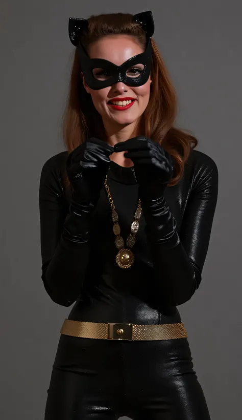 professionally color graded photo. Nikon D4. Full body shot, brown hair. dark eyeshadow, eyeliner. sculpted eyebrows attractive makeup. dark bow shaped red lips. wear black eye mask, wearing body conforming black leather suit with riding pants.  tightly fi...