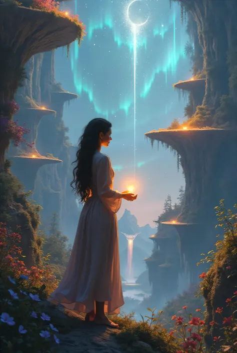 A woman standing behind her back to the camera looking at a fantasy world in front of her while holding a pendant