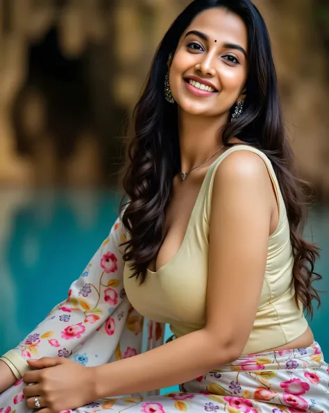  A Confident Indian Woman ， with long flowing hair ，Half-nude photos,  light brown eyes , Fluid Transparent Sarai ,  Her Hair Covers Her Perfect E Cup Chest,  Sitting in the Pool , Cave Background,  Bokeh ,  Perfect composition ,  Surreal ,  Super Detailed...