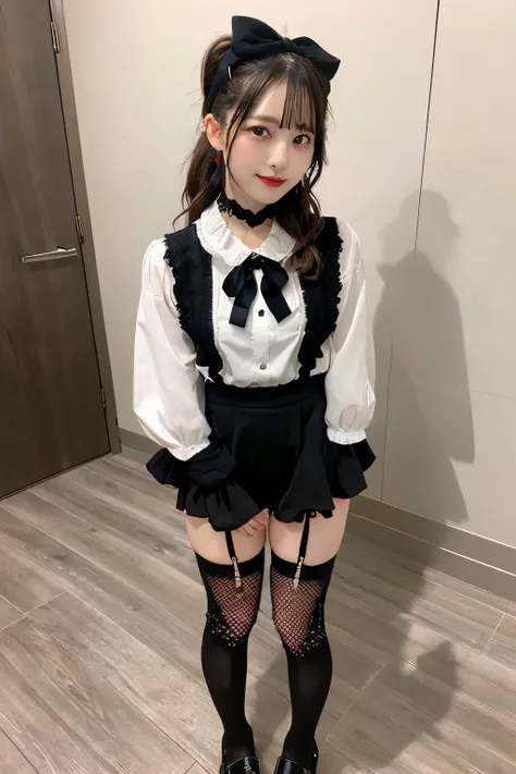 A cute gothic Lolita style girl standing in a cute room with no one。 she wears a pink blouse 、 has a black lace embellishment on the collar and sleeves 。 has a black ribbon and a small black ribbon accessory around her neck。 The high-waisted black skirt ha...