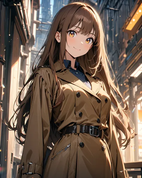 cowboy shot,looking at viewer,top quality, high detail, high resolution, masterpiece, 8K, one girl, solo, medium large breasts, thin waist, beautiful girl, anime style,long hair,straight hair,brown hair,smile,trench coat