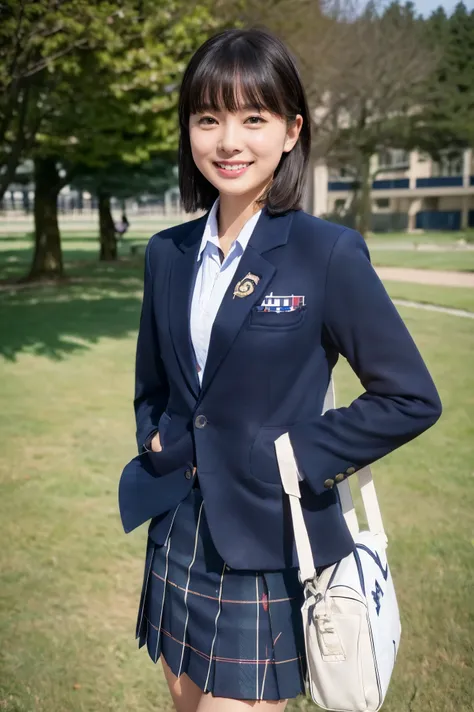 ( best quality,8k),(smile),( was taken by a cowboy),( school uniform),( navy blue blazer :1.5),(The blazer is long ),( LONG SLEEVE WHITE SHIRT ),(Sports Bags),(1 bag), bow tie,( Green Tartan Check Skirt:1.2),( white socks),Long face,Black Hair Bob,Cherry ...