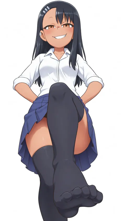 embedding:zPDXL3, rating_safe, source_cartoon, score_9, score_8_up, score_7_up,

white background, simple background, 1girl, solo, femdom, dominant, teasing, smile, feet, showing feet, steamy,

nagatoro hayase, 1girl, long black hair, light brown skin, tan...