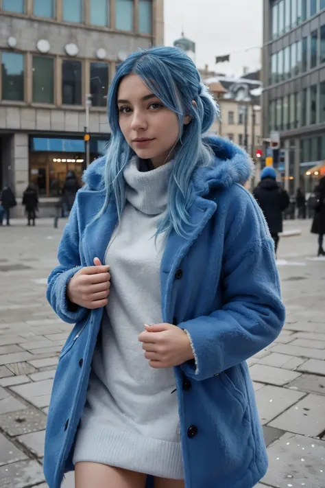 arafed girl Blue Hair in a furry coat in a city, cold as ice! 🧊, in a city square, by Emma Andijewska, having a good time, having a great time, inspired by Louisa Matthíasdóttir, captured on iphone, julia hetta, cold but beautiful, in sunny weather, pokima...