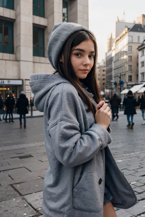 arafed girl wearing hoodie in a furry coat in a city, cold as ice! 🧊, in a city square, by Emma Andijewska, having a good time, having a great time, inspired by Louisa Matthíasdóttir, captured on iphone, julia hetta, cold but beautiful, in sunny weather, p...