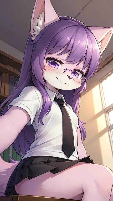 best quality,best resolution,(fluffy anthro furry :1.6),(young girl : 1.8),cat girl,(flat chest),(purple hair :1.4),(very long hair),(purple eyes),round moist eye,glistering eyes,sparkle eyes,(pink fur :1.6),naked,glasses,(white student shirt :1.5),(black ...