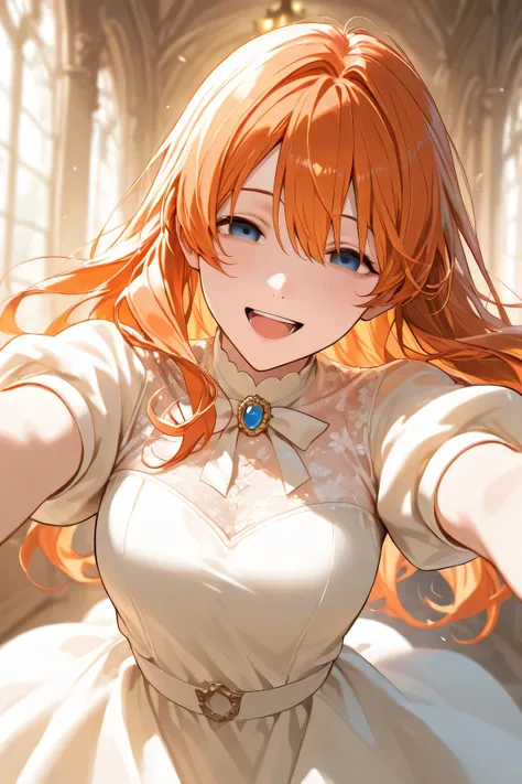 happy woman with orange hair, long hair, blue eyes, blind eyes and Saint dress