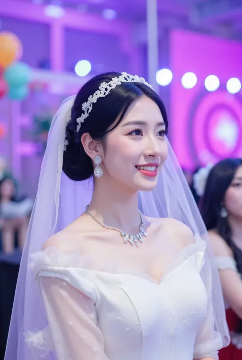 ((Super detailed body, super detailed face, best quality: 1.2), close-up of a beautiful Korean female model, looking at the audience, (pure white bride wedding dress, asymmetric, translucent veil, asymmetric, colorful paper strips falling in the air, wind)...