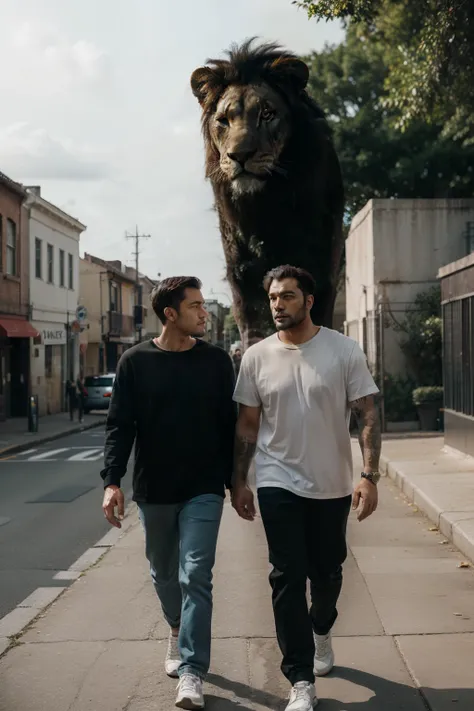 A man wearing a black casual and walking alongside a very giant lion walking together