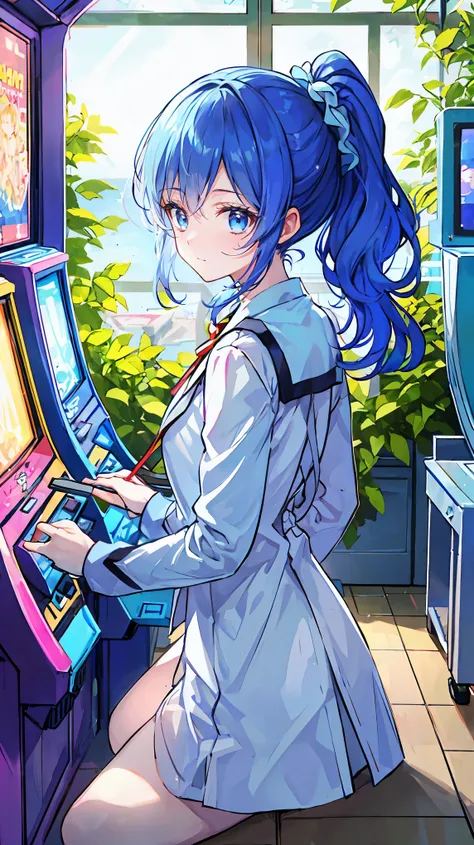 1 person , long hair , ponytail , bust up ,  plain clothes ,  as pictured ,   playing in the arcade， Lantern， light blue eyes，白色の plain clothes 