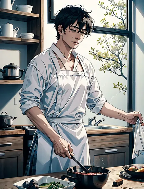 It can be expressed as cooking, in the kitchen, etc. The person is wearing a white chemise and pleated skirt. The background is a kitchen and a Japanese man in his 30s has messy hair.