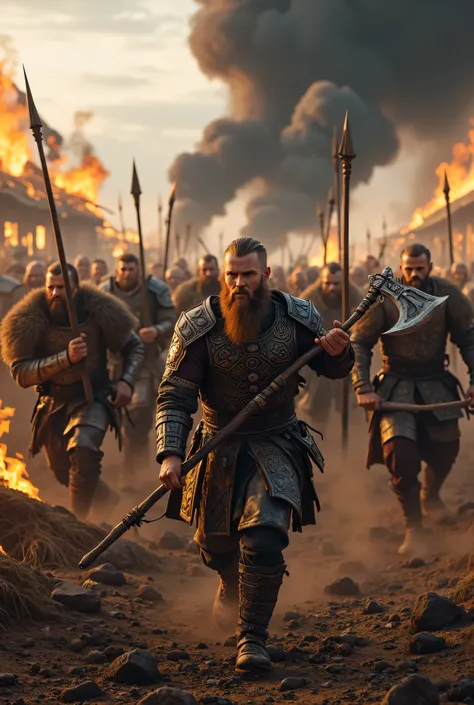 **Prompt:** Create an intricately detailed landscape scene of a Viking raiders tribe army during the medieval age, showcasing hyper-realism and a symmetrical composition. Capture the scene from an ultra-wide angle to immerse the viewer in this burning medi...