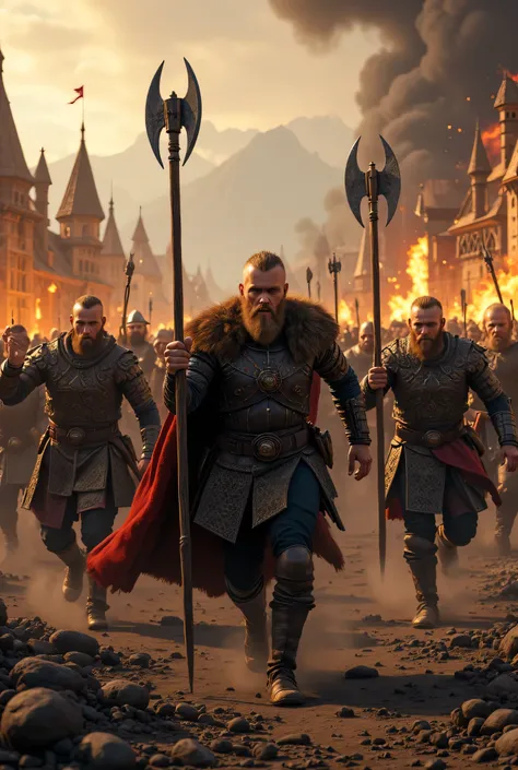 **Prompt:** Create an intricately detailed landscape scene of a Viking raiders tribe army during the medieval age, showcasing hyper-realism and a symmetrical composition. Capture the scene from an ultra-wide angle to immerse the viewer in this burning medi...