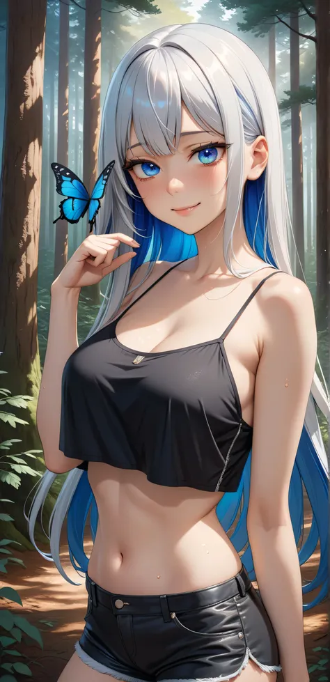 upper body,  Random Sexy pose , ((Ultra detailing)), (very aesthetic, best quality, ultra detailed), intricate details, 1girl, ((long hair, silver hair, blue inner hair)), ((Multi colour eyes)), ((Detailed eyes)), ((Beautifull eyes)), ((prefect eyes)), ((U...