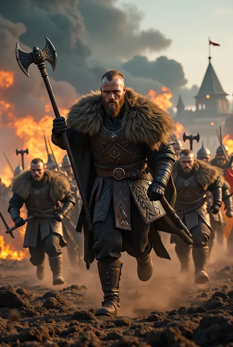 **Prompt:** Create an intricately detailed landscape scene of a Viking raiders tribe army during the medieval age, showcasing hyper-realism and a symmetrical composition. Capture the scene from an ultra-wide angle to immerse the viewer in this burning medi...