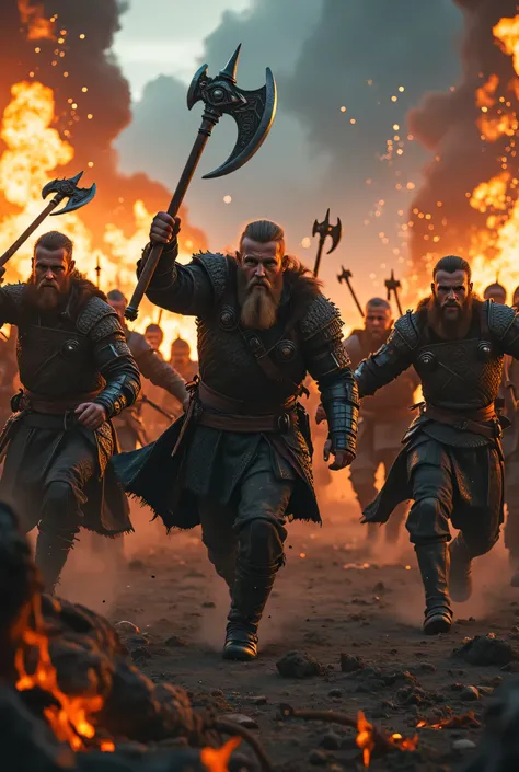 **Prompt:** Create an intricately detailed landscape scene of a Viking raiders tribe army during the medieval age, showcasing hyper-realism and a symmetrical composition. Capture the scene from an ultra-wide angle to immerse the viewer in this burning medi...