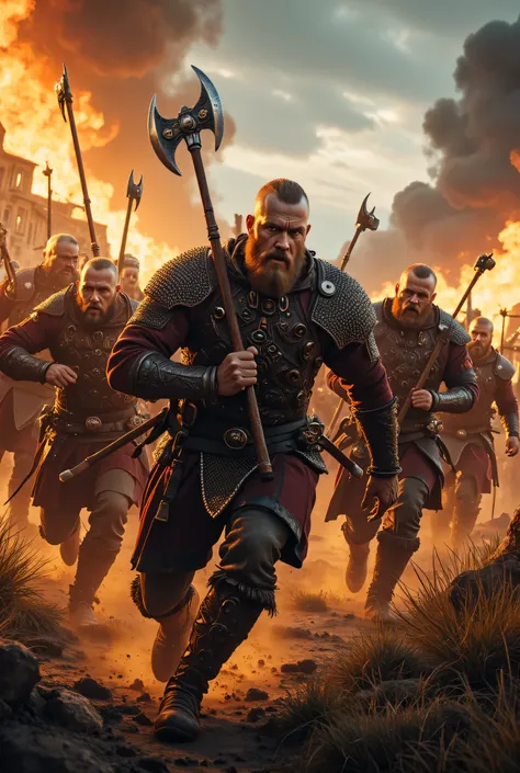 **Prompt:** Create an intricately detailed landscape scene of a Viking raiders tribe army during the medieval age, showcasing hyper-realism and a symmetrical composition. Capture the scene from an ultra-wide angle to immerse the viewer in this burning medi...