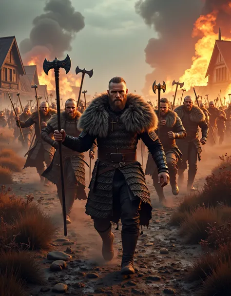 **Prompt:** Create an intricately detailed landscape scene of a Viking raiders tribe army during the medieval age, showcasing hyper-realism and a symmetrical composition. Capture the scene from an ultra-wide angle to immerse the viewer in this burning medi...