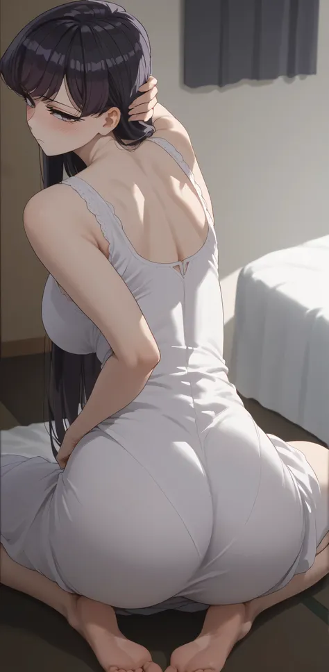score_9, score_8_up, score_7_up, source_anime,
shoukokomi, shouko komi, long hair, bangs, black hair, long hair, purple eyes, expressionless,half close eyes, long hair, huge breasts, 
1girl, breasts, ass, solo, blush, black_hair, dress, large_breasts, whit...