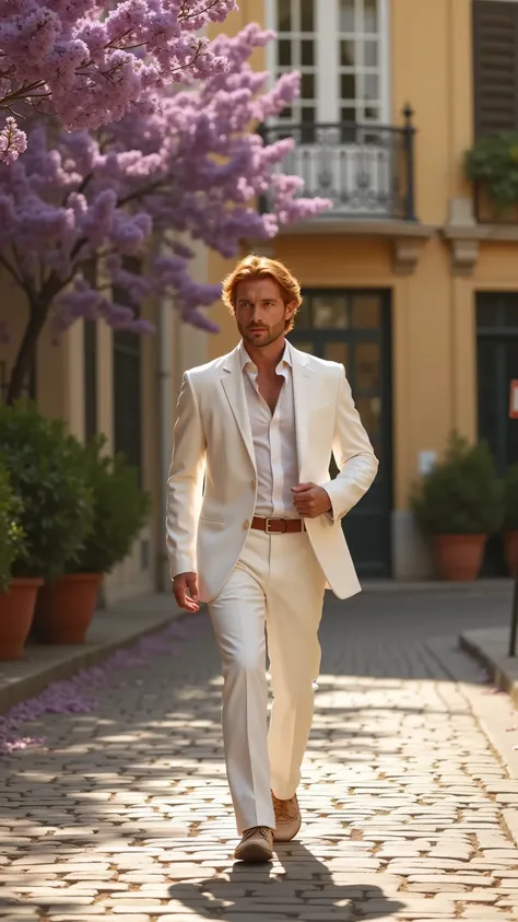 CAMERA SHOT: Full-body shot, slightly low angle, capturing the model confidently walking along a cobblestone street in an upscale neighborhood of Mexico City. The shot emphasizes his posture and the luxurious fit of the outfit, allowing the jacarandas in b...