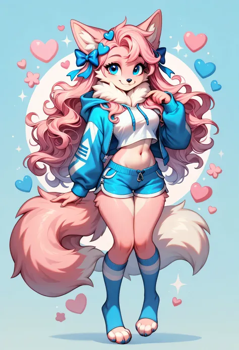 anthropomorphic, female, blue eyes, pastel pink hair with fluffy blue streaks, fox, fox, (((1girl))), (((white shirt))), (blue shorts), (blue zip up hoodie), (blue toeless thigh high socks), full body, cute and sexy, pink fur, white underbelly, long legs, ...