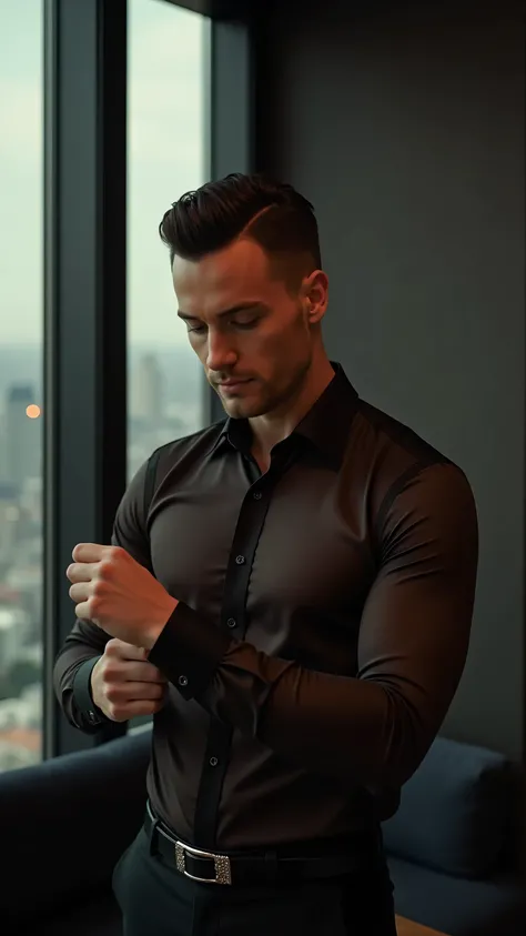 CAMERA SHOT: Mid-range shot, slightly high angle, as if capturing him from an admirer’s perspective. The focus remains on his sharp attire and the refined confidence in his posture.

SUBJECT IN MOTION: He adjusts the cuff of his shirt with meticulous preci...