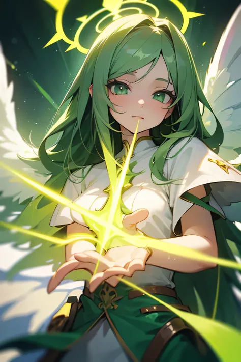 (( Best quality )), (( Masterpiece )), ( Details ), Girl, Angel, Big wings, Long green hair, Green eyes, Green Halo, Green aura, Magic healing 