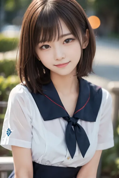 Masterpiece, best quality, 8k, 15-year-old student, , RAW Photo, absurd, Award-Winning Portraits , smile, smile, Alone, night , neon , idol face, violaces, Gardenias, Delicate Girl, upper body, DSLR, Watch Viewers, , refined , Thin arms, ...
