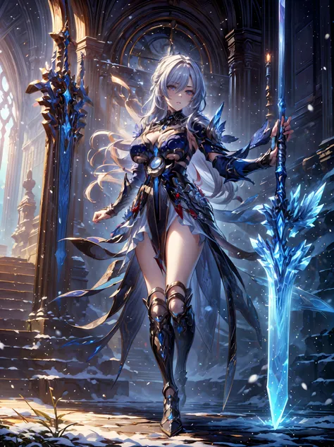 (((masterpiece, best quality, high detailed, 16k))) Female sword knight holding a huge perfect sword in her hand, female paladin, big breasts, magic circle, snow and clock tower background, masterpiece, best quality, magnificent, epic, majestic, cover art....