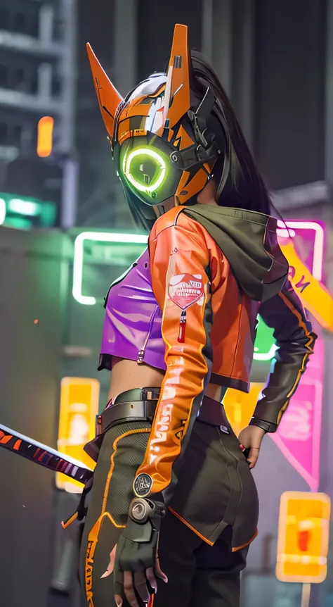 original, masterpiece, best quality, front view, a cyborg fighter woman in a green circle light up black cyberhelmet with orange ears, wearing Neon pink parka jacket, night day, on the street night japanese cyberpunk, many buikding and japan reclame, holdi...