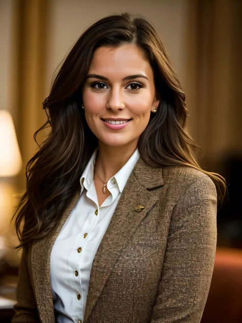 " A stunning 30-year-old Norwegian woman , portrayed in hyper-realistic style .  She has wavy brown hair and small breasts .  She wears a professional uniform from The Paulsen News ,  consisting of an elegant blazer and a discreet blouse matching the visua...