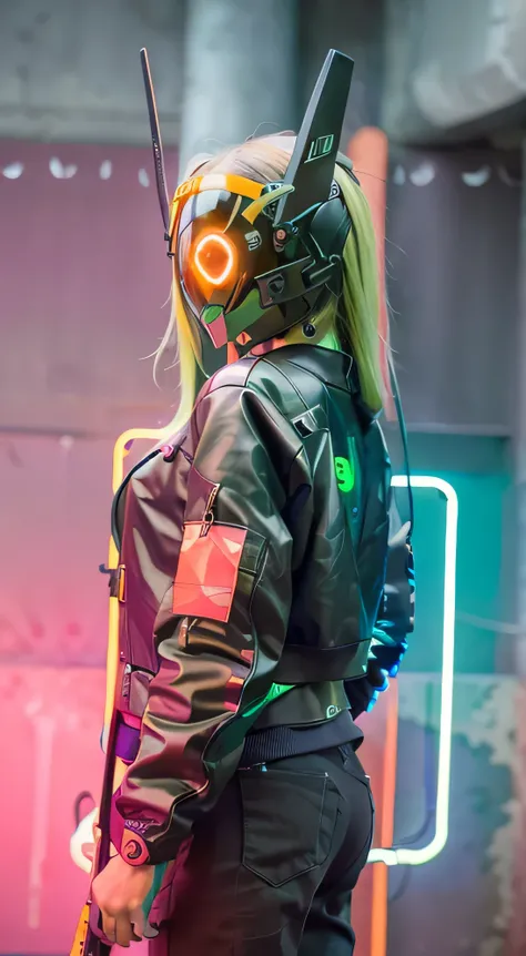 original, masterpiece, best quality, front view, a cyborg fighter woman in a green circle light up black cyberhelmet with orange ears, wearing Neon Green pink jacket, sunny day, on the street japanese cyberpunk, holding giant katana