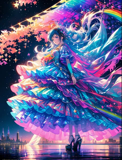 Colorful Metropolitan Museum of Art、River painting with stars and moon in rainbow sky、the met、Shining skyscrapers、Shine across the board、Skyscrapers、Concept art inspired by Mitsuoki Tosa、pixiv contest winners、top-quality、Fantasyart、beautiful anime scene、Br...