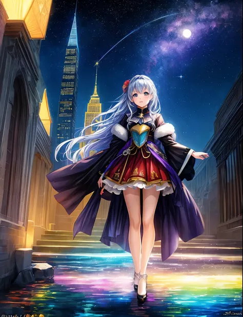 Colorful Metropolitan Museum of Art、River painting with stars and moon in rainbow sky、the met、Shining skyscrapers、Shine across the board、Skyscrapers、Concept art inspired by Mitsuoki Tosa、pixiv contest winners、top-quality、Fantasyart、beautiful anime scene、Br...