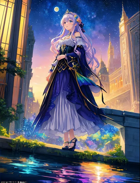 Colorful Metropolitan Museum of Art、River painting with stars and moon in rainbow sky、the met、Shining skyscrapers、Shine across the board、Skyscrapers、Concept art inspired by Mitsuoki Tosa、pixiv contest winners、top-quality、Fantasyart、beautiful anime scene、Br...