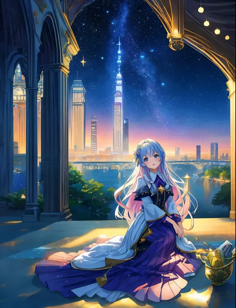 Colorful Metropolitan Museum of Art、River painting with stars and moon in rainbow sky、the met、Shining skyscrapers、Shine across the board、Skyscrapers、Concept art inspired by Mitsuoki Tosa、pixiv contest winners、top-quality、Fantasyart、beautiful anime scene、Br...