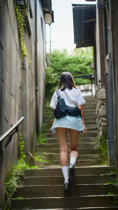 (8k,  top quality,  masterpiece:1.2), ( by Nomi,  photorealistic:1.37),  very detailed,  perfect anatomy,  cute,  small eyes , 1,  Japanese,  girls on the left,  miniskirt, Walking up the stairs,   back shot,