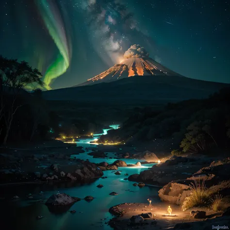 "A breathtaking fantasy landscape with a volcano erupting blue lava, a night sky filled with stars and auroras, and a crystal river flowing through a bioluminescent forest. Digital art style, highly detailed, vibrant colors, and a magical atmosphere."