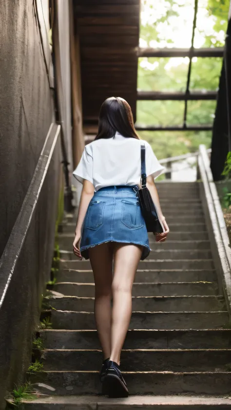 (8k,  top quality,  masterpiece:1.2), ( by Nomi,  photorealistic:1.37),  very detailed,  perfect anatomy,  cute,  small eyes , 1,  Japanese,  18 year old girl ,  miniskirt, Walking up the stairs,   back shot,