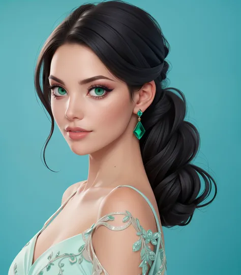 black updo hair, green eyes, mature, full lips, solo, upper body, looking at viewer, elegant dress, blue background, simple background,