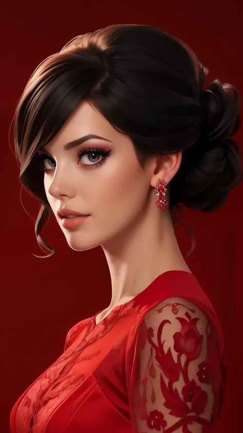 black updo hair, dark eyes, mature, full lips, solo, upper body, looking at viewer, elegant red dress, simple background, (half body portrait)
