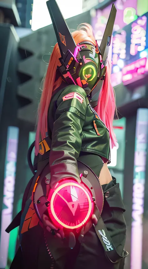 original, masterpiece, best quality, front view, a cyborg fighter woman in a green circle light up black cyberhelmet with orange ears, wearing Neon pink jacket, sunny day, on the street night japanese cyberpunk, holding pink giant sniper, awesome pose, 4k