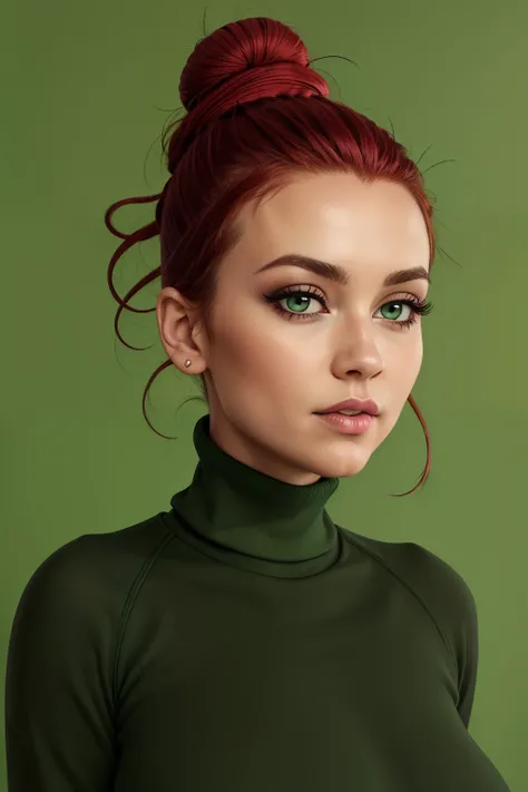 AgnesJohnson, red hair, single hair bun, eyeshadow, black eyes, 1girl, solo, masterpiece, realistic, high quality, detailed, green turtleneck sweater, large breasts, upper body, portrait, blank background